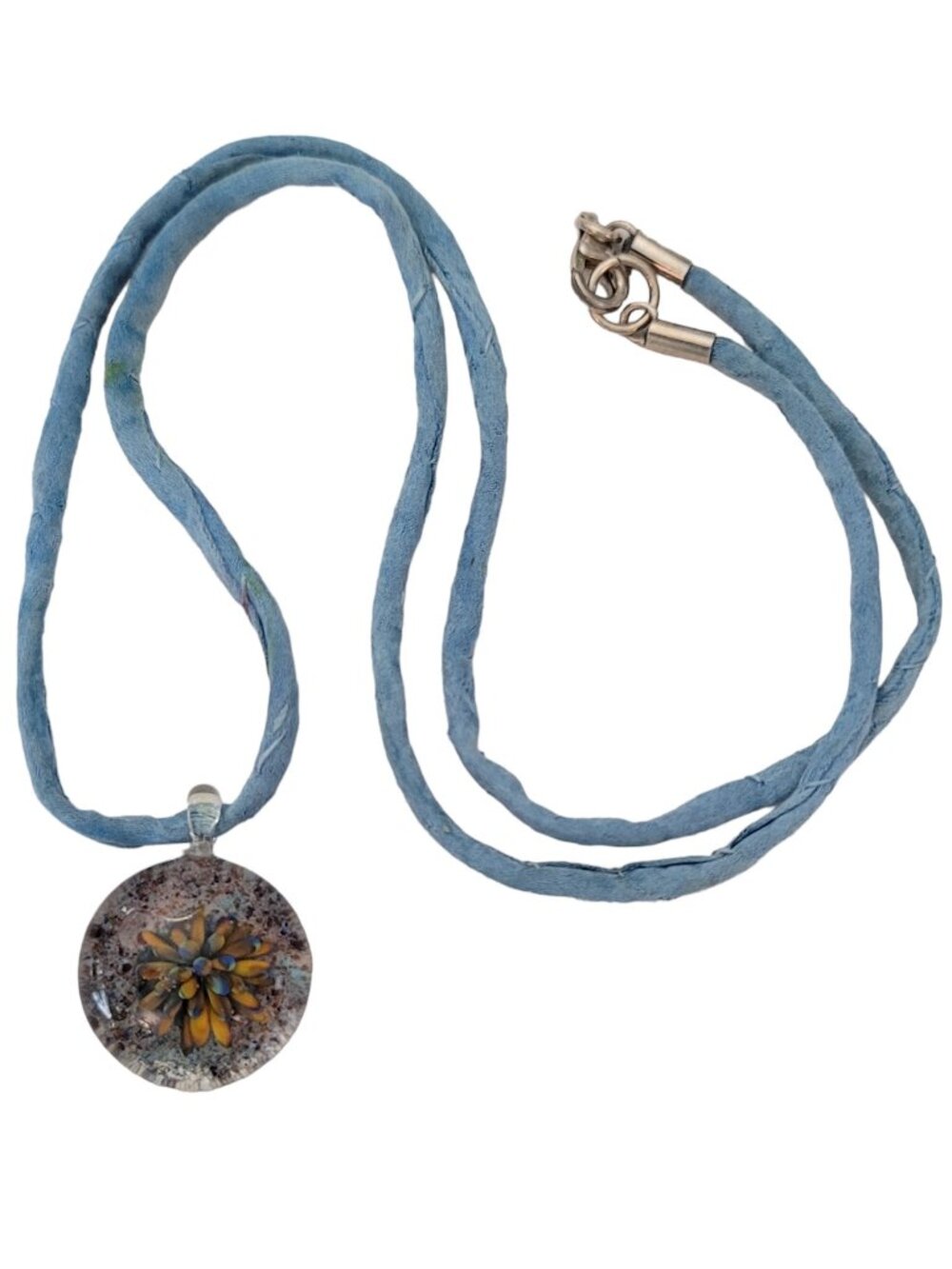 Sterling Silver Round Art Glass Flower Pendant Silk Cord Necklace, 21" Long E498